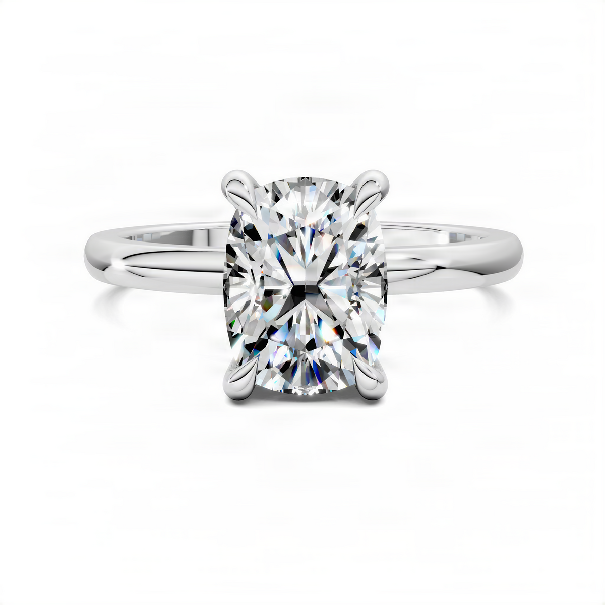 White metal solitaire ring with large round brilliant center stone and prong setting