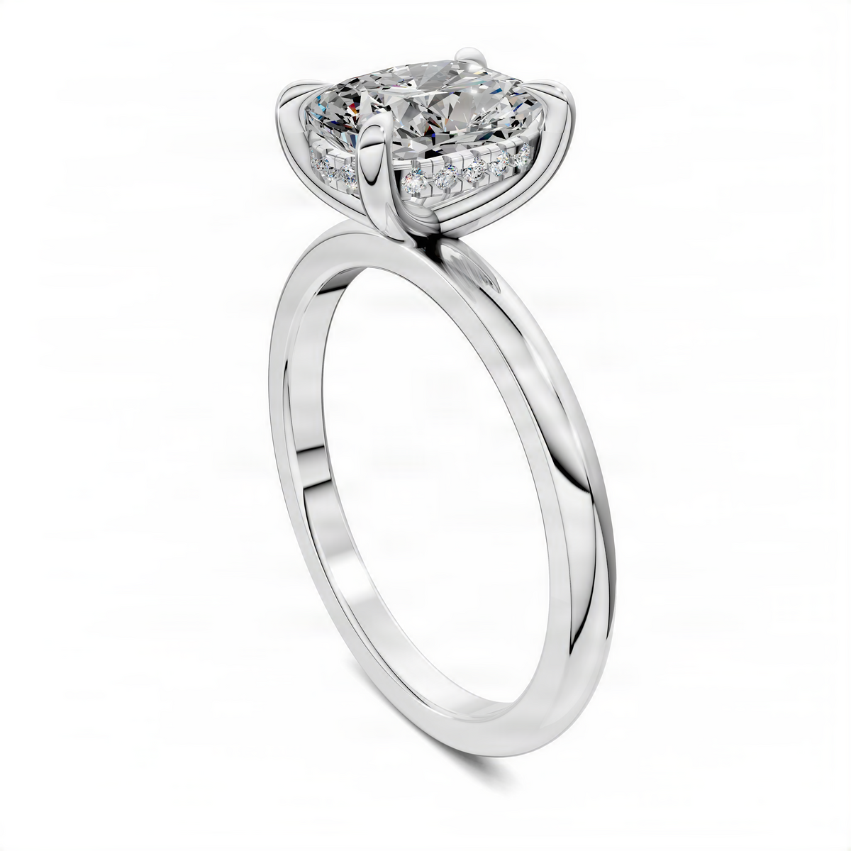 White metal ring with round brilliant center stone, split shank and high prong setting