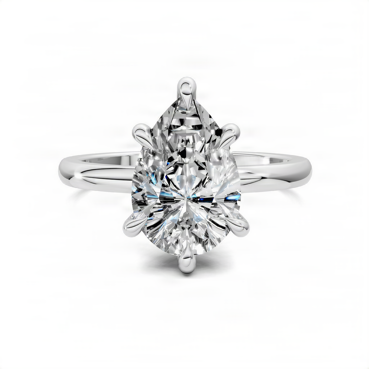 White metal ring with pear-shaped diamond center stone and sculpted prongs