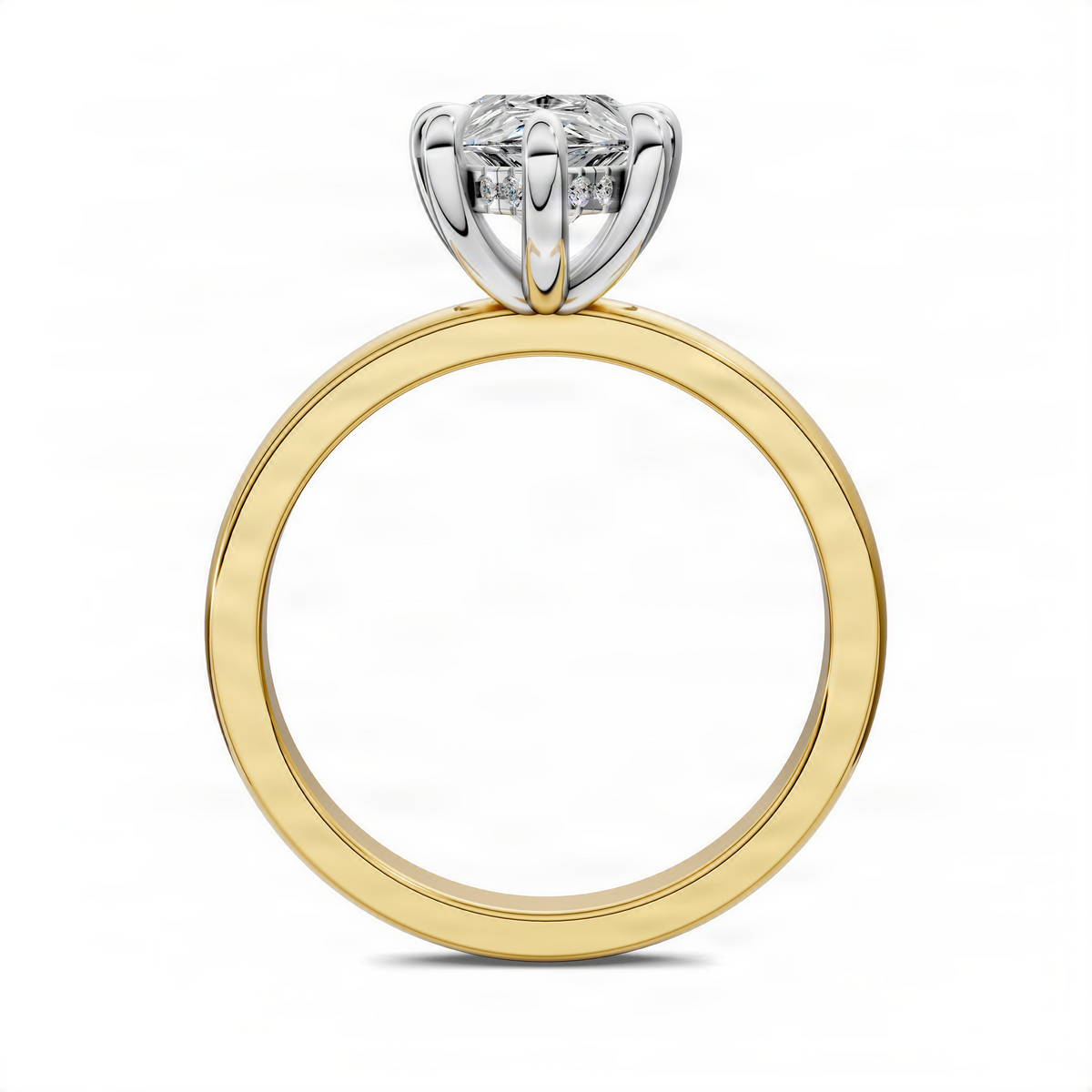 Two-tone ring with yellow gold band and white metal prongs, pear-shaped center stone