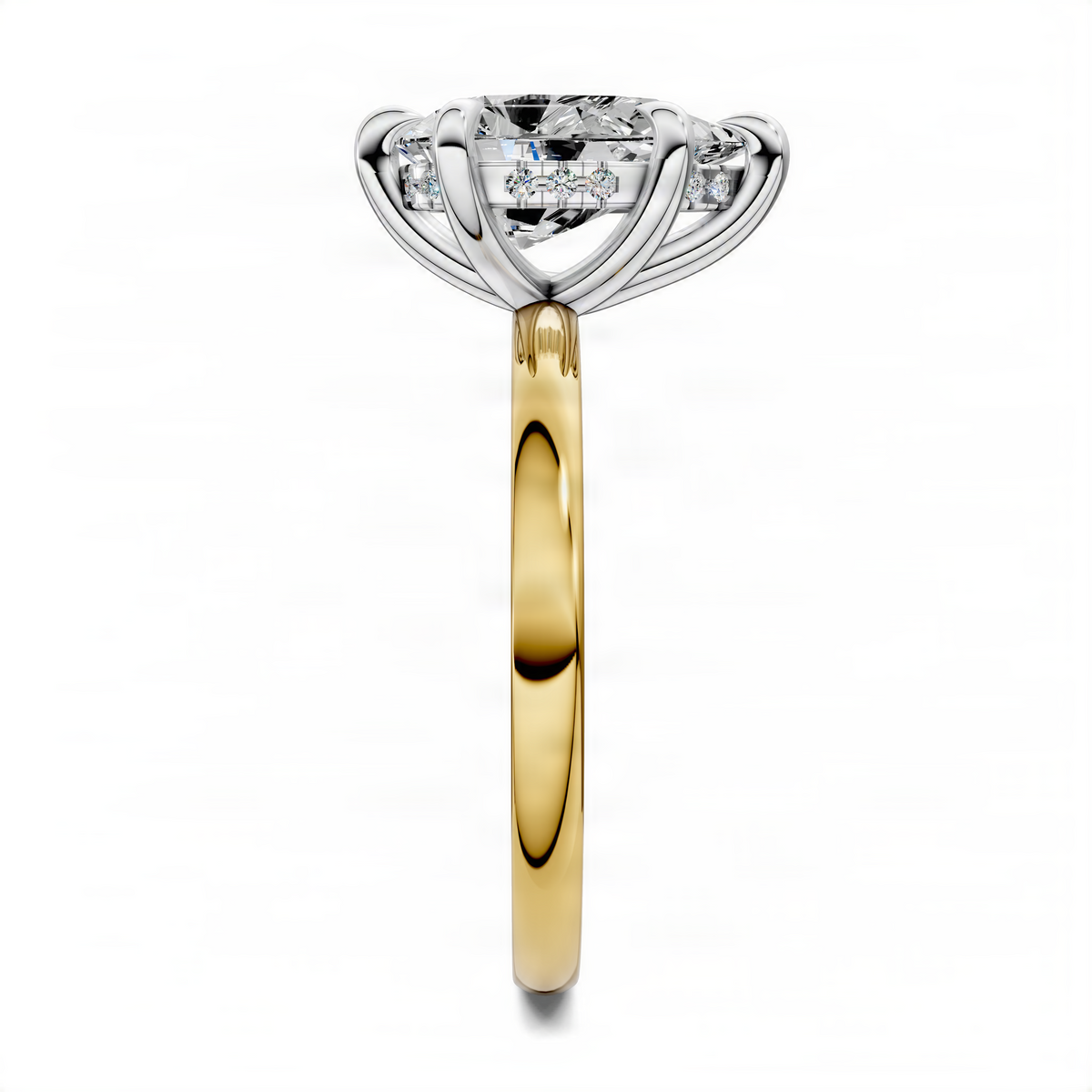 Two-tone ring with yellow gold band and white metal prongs, pear-shaped center stone