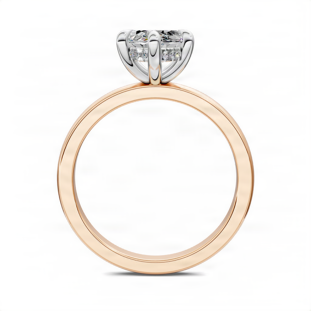 Mixed metal ring with rose-gold band and white metal prong-set sparkling stones