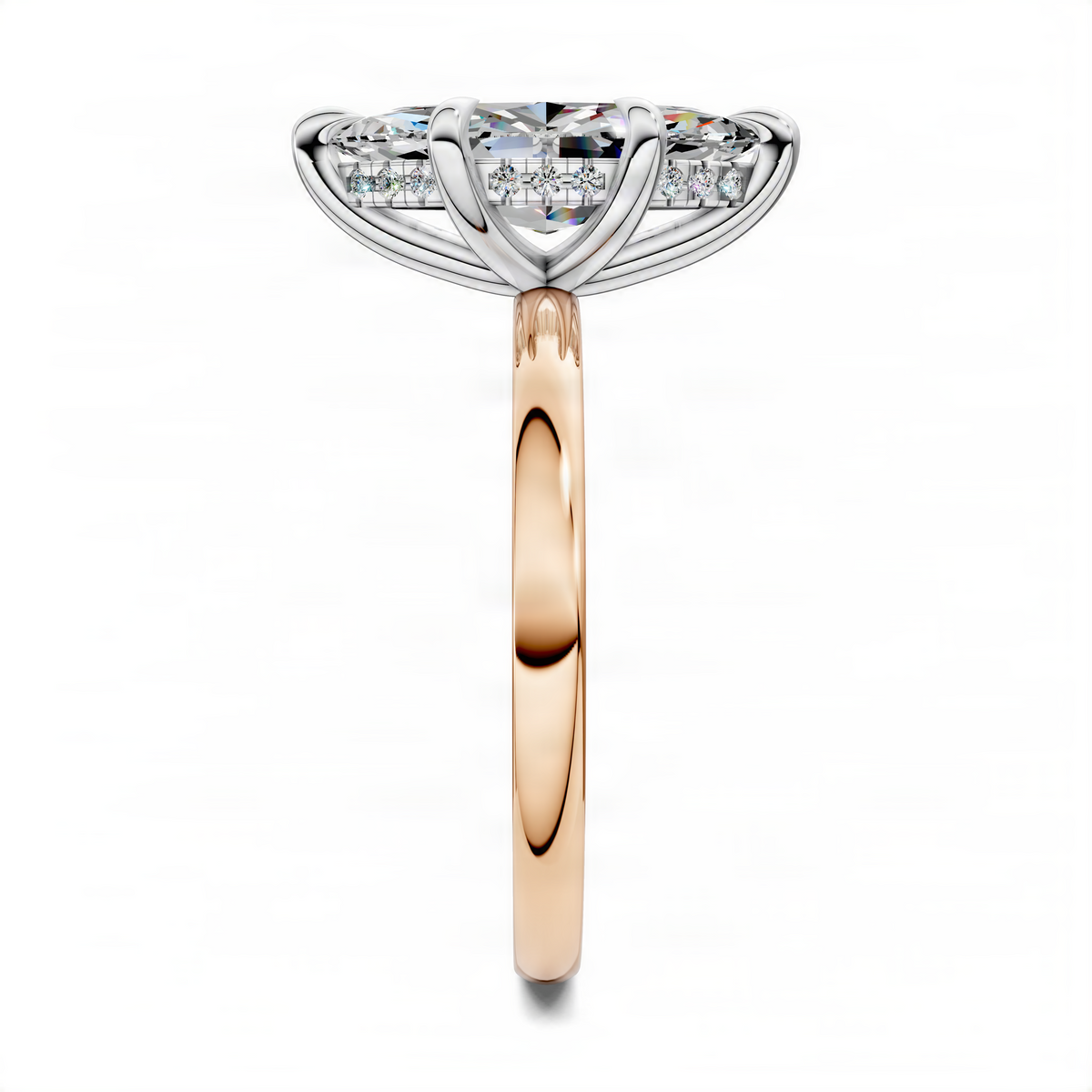 Marquise stone mixed-metal ring with prong setting and polished tapered shank