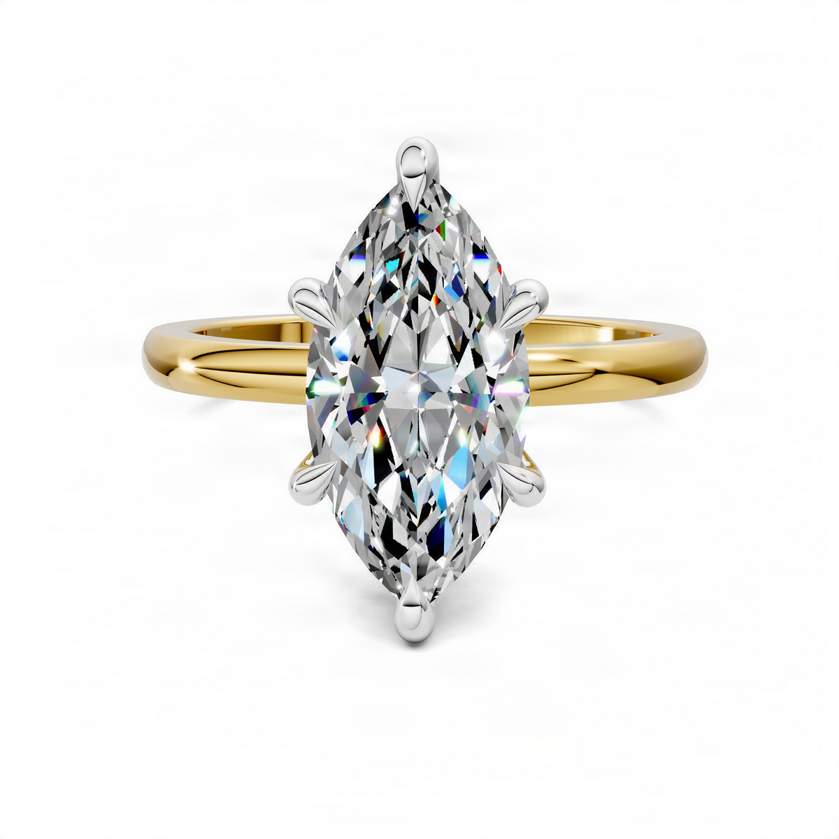Marquise stone ring with gold band, split shoulders, and bright prong-set bezel