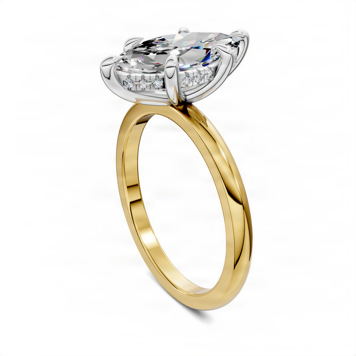 Marquise stone mixed-metal ring with silver head, gold shank, and prong-set detail