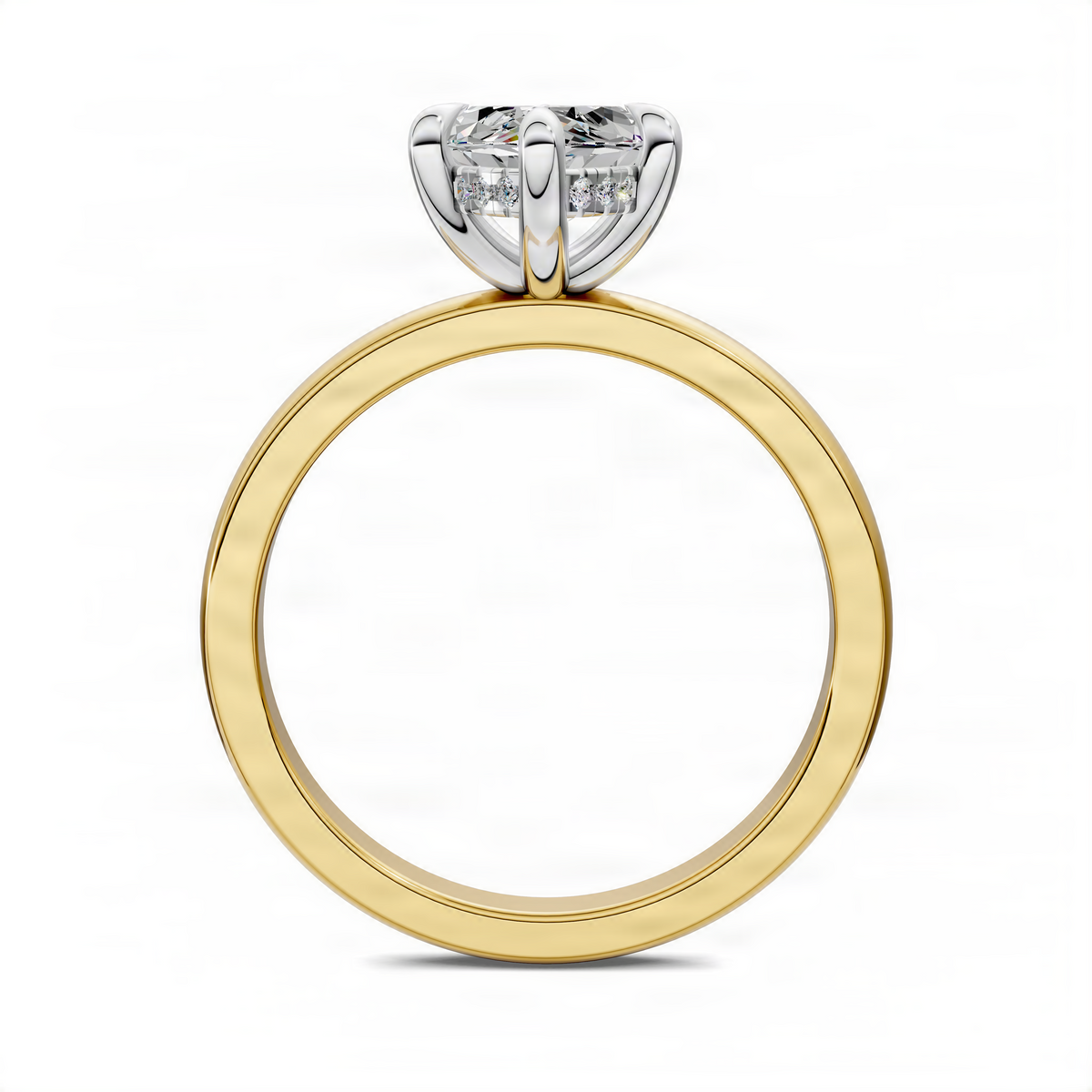 Marquise stone ring with gold band and silver top setting with small round prong accents