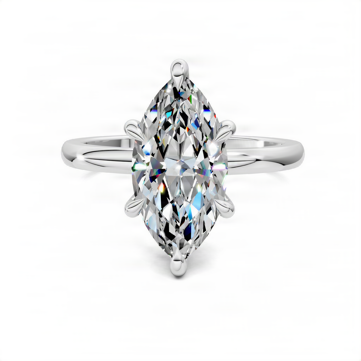 Marquise stone ring with white metal band, sculpted split shoulders, prong-set setting