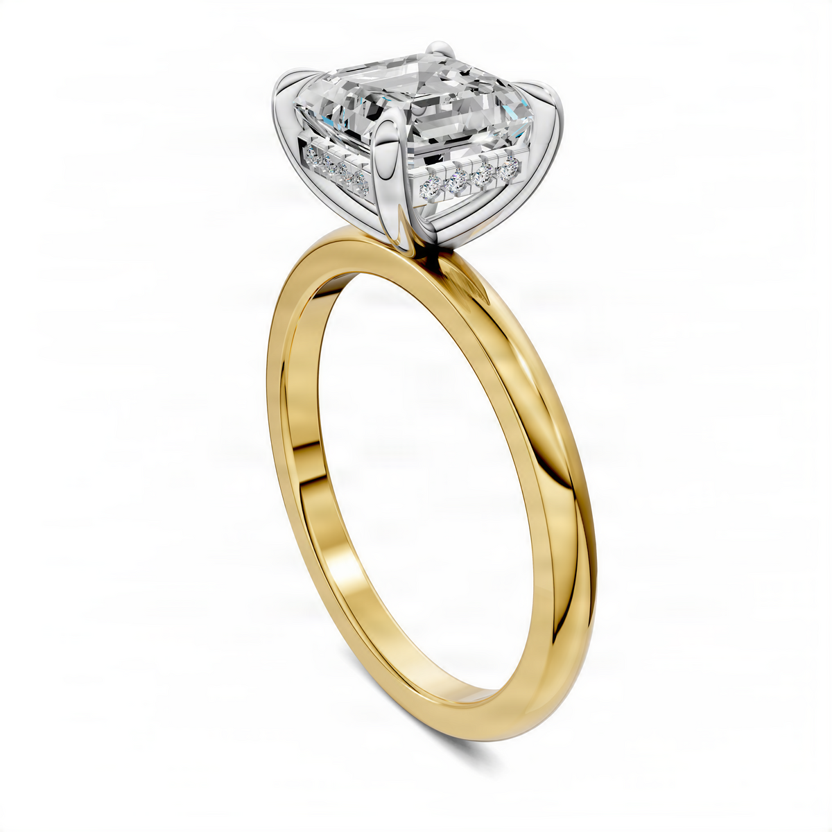 Mixed metal ring with yellow gold band and silver-toned diamond-cut setting