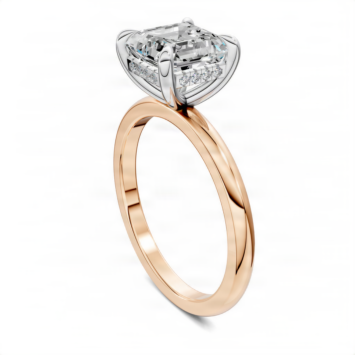 Two-tone mixed metal ring with large clear center stone, rose-gold band