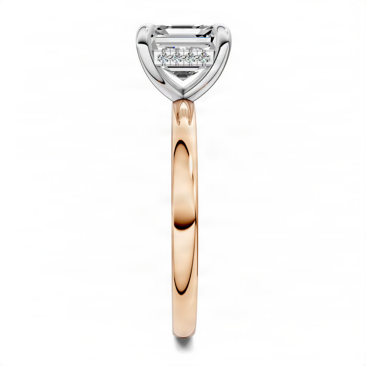 Mixed metal ring with white gold setting, round center stone, and rose gold band
