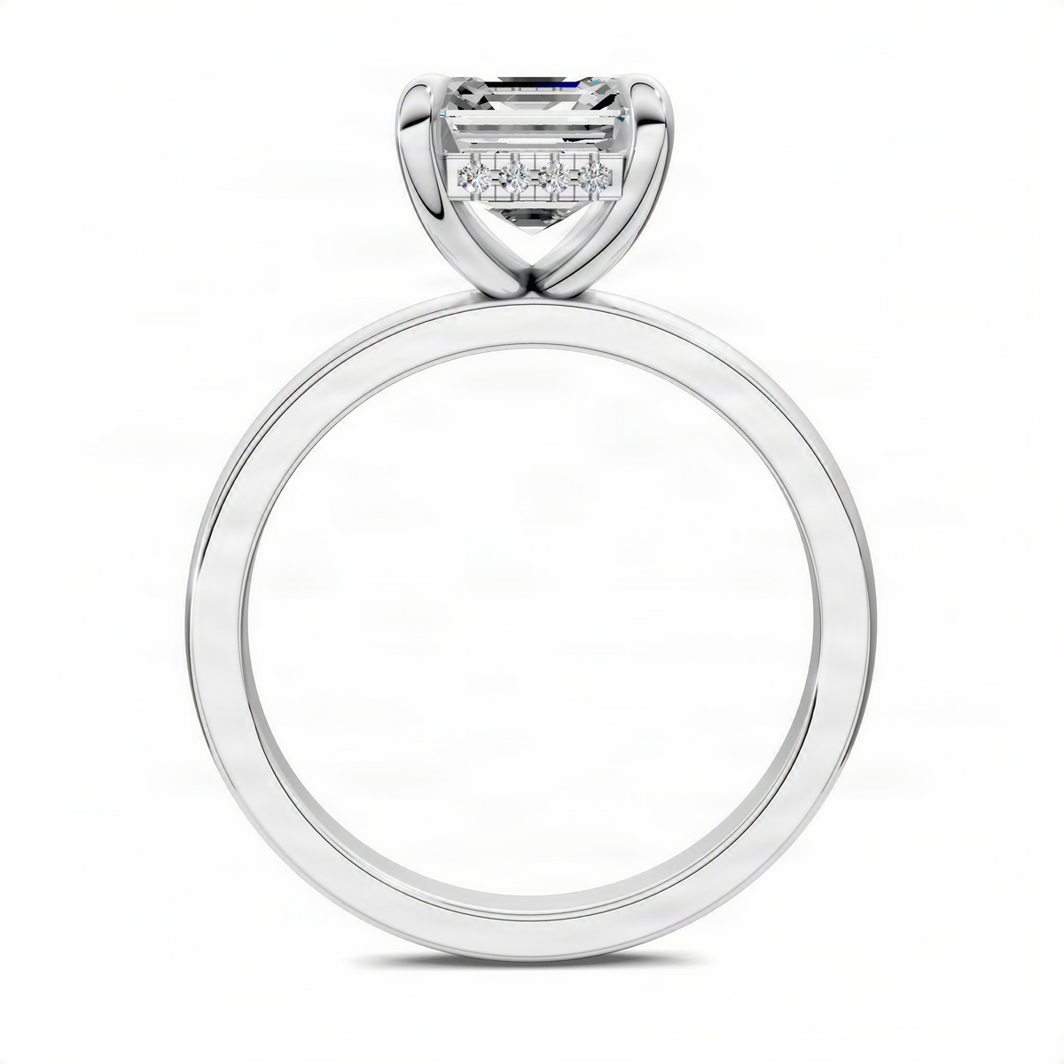 Mixed metal ring with emerald-cut center stone and halo, silver-tone band