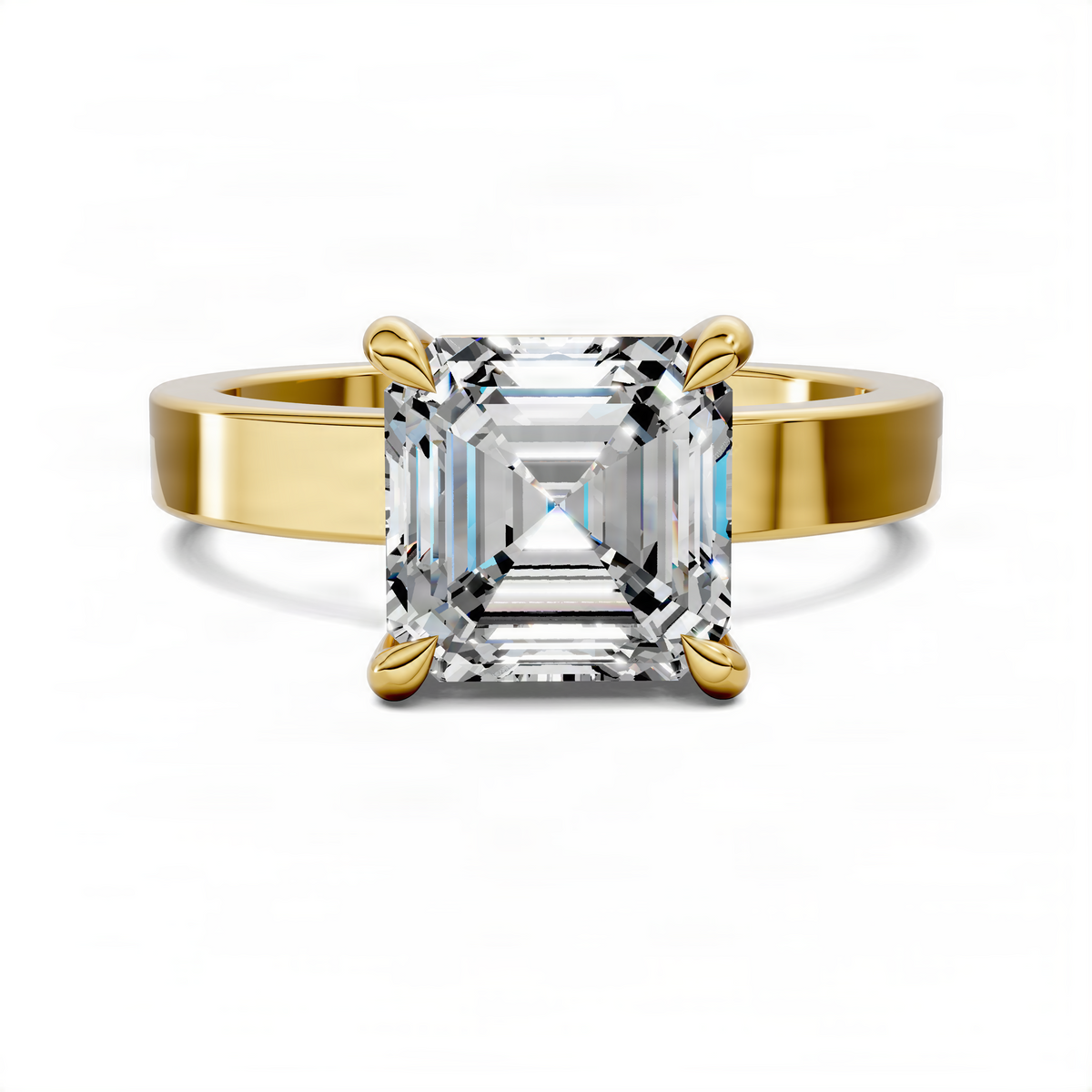 Yellow gold Asscher-cut diamond solitaire ring with four-prong setting, front view