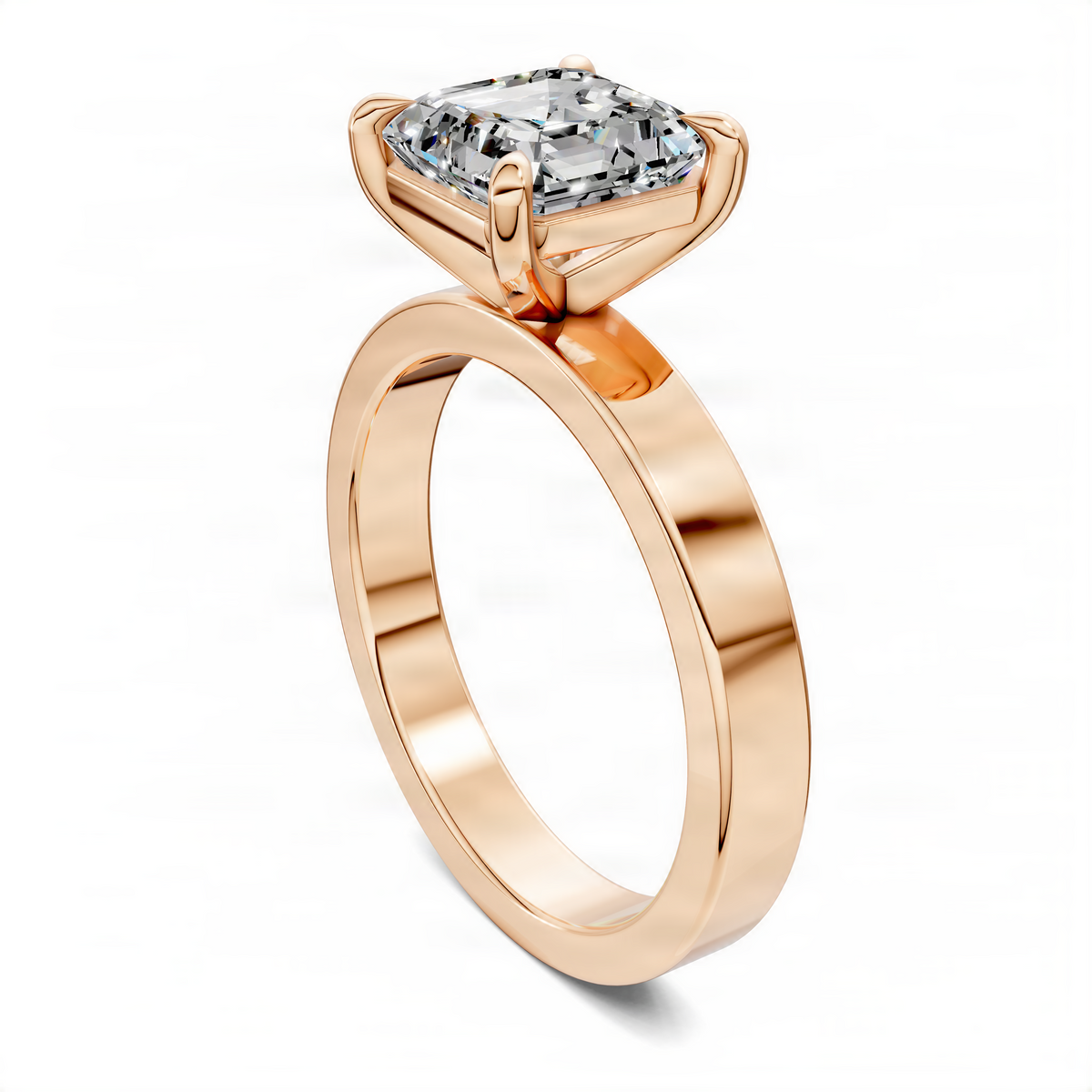 Rose gold Asscher-cut diamond solitaire ring with four-prong setting, side view