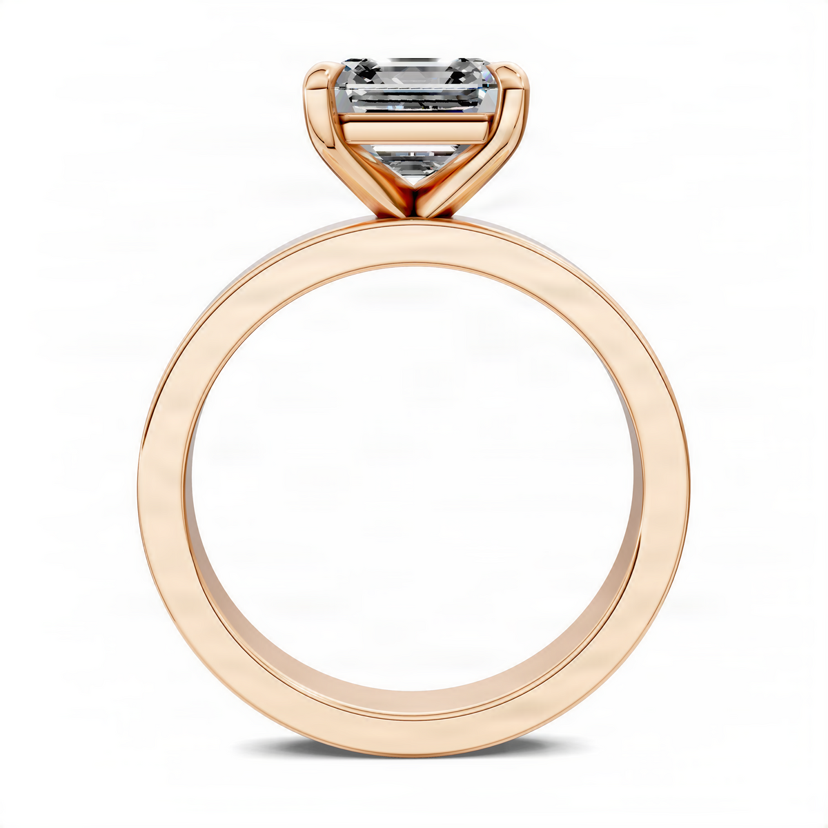 Rose gold Asscher-cut diamond solitaire ring, side profile with raised band
