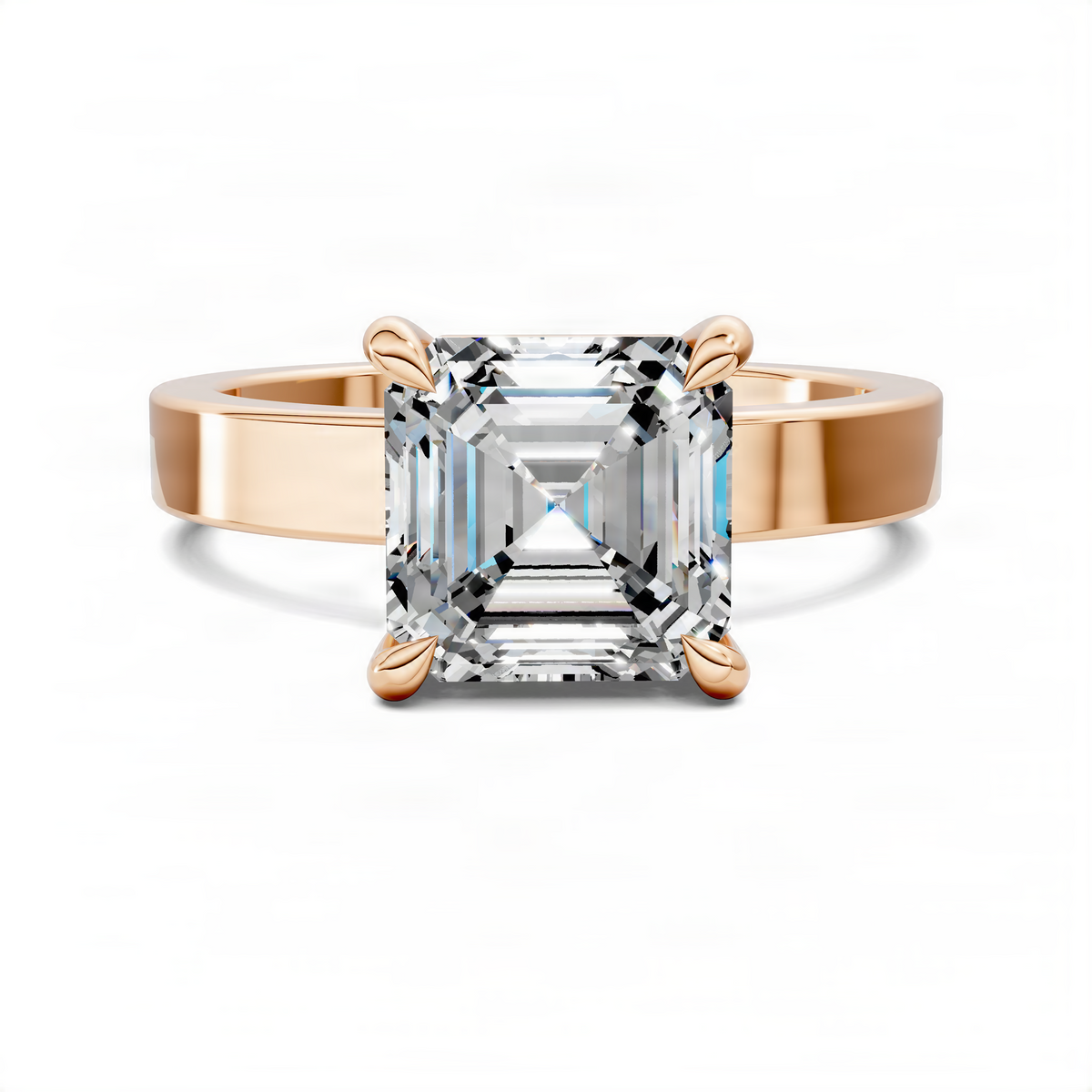 Rose gold Asscher-cut diamond solitaire ring with four-prong setting, front view