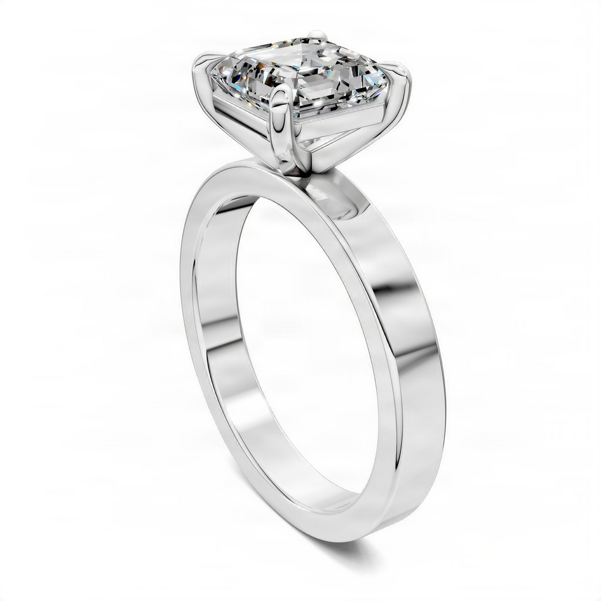 White gold Asscher-cut diamond solitaire ring with four-prong setting, side view