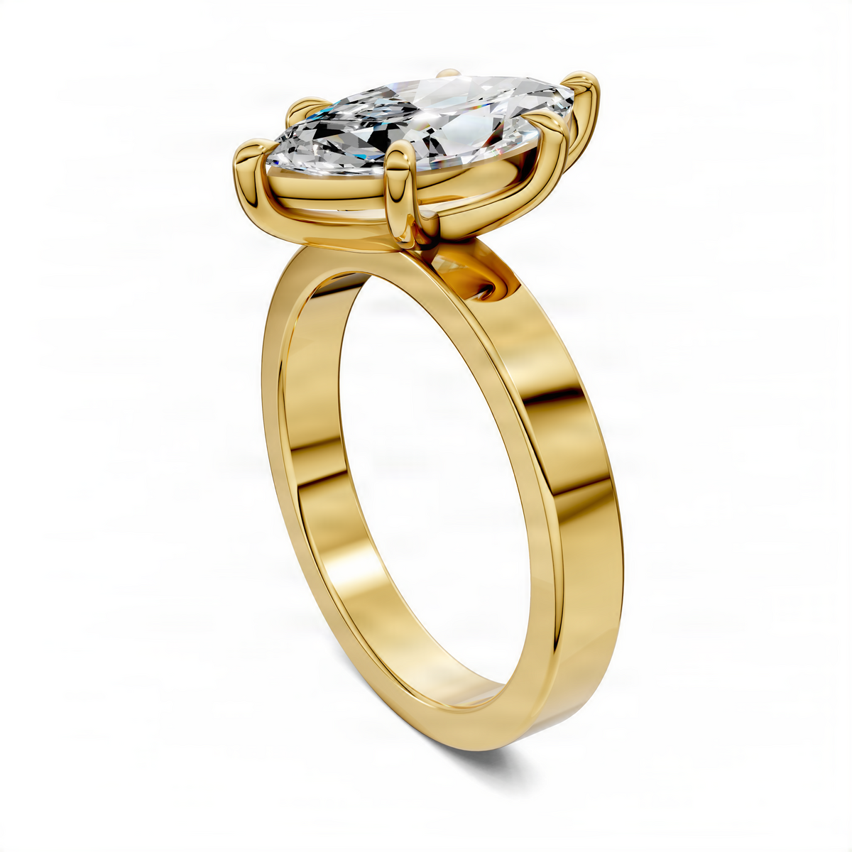 Yellow gold marquise solitaire ring with raised bezel center stone and curved split shank