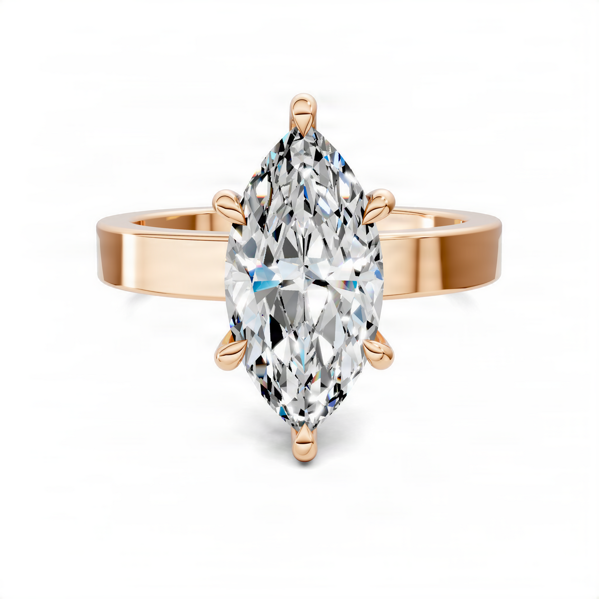 Rose gold marquise solitaire ring with large bezel-set center stone and claw tips