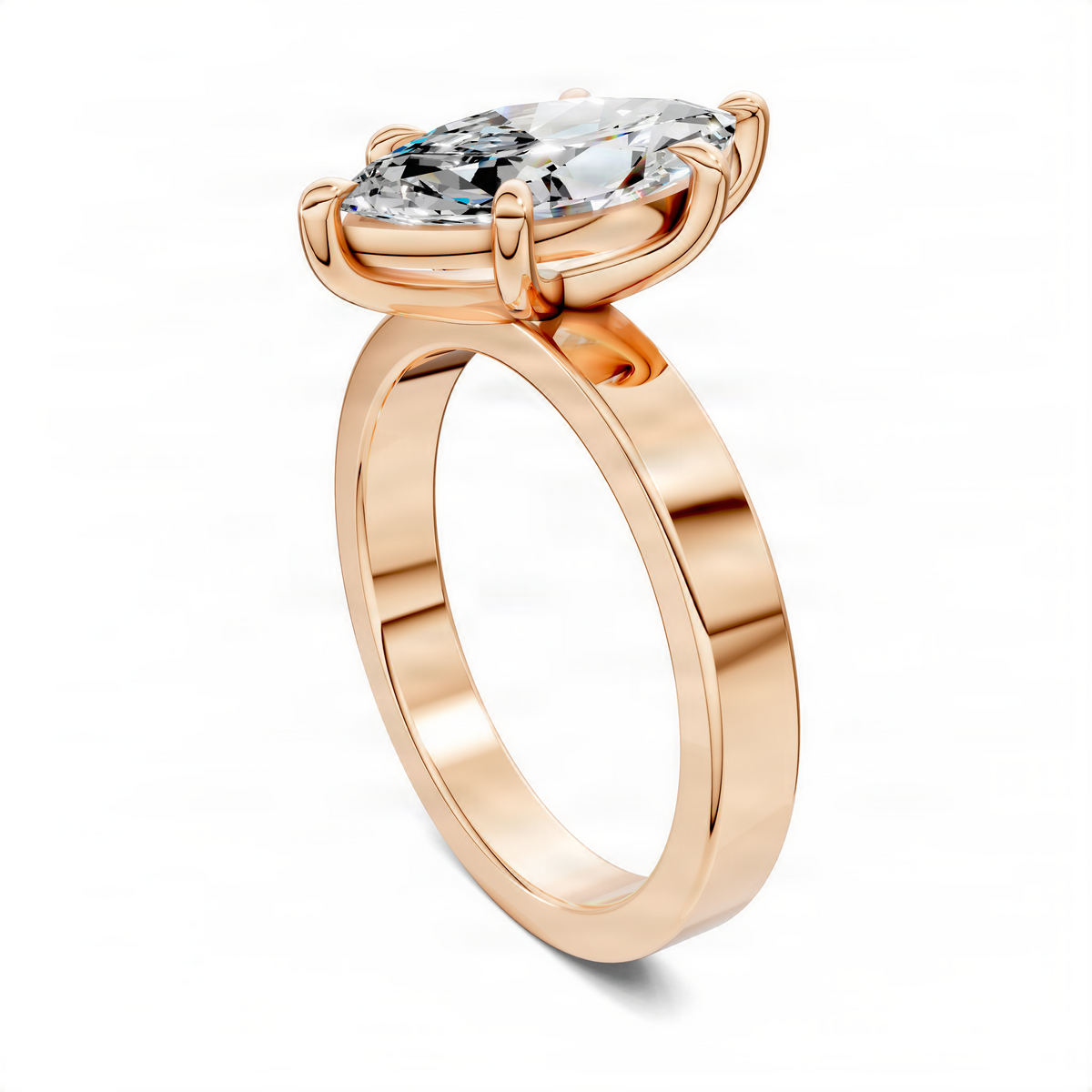 Rose gold marquise solitaire ring with raised bezel center stone and curved split shank