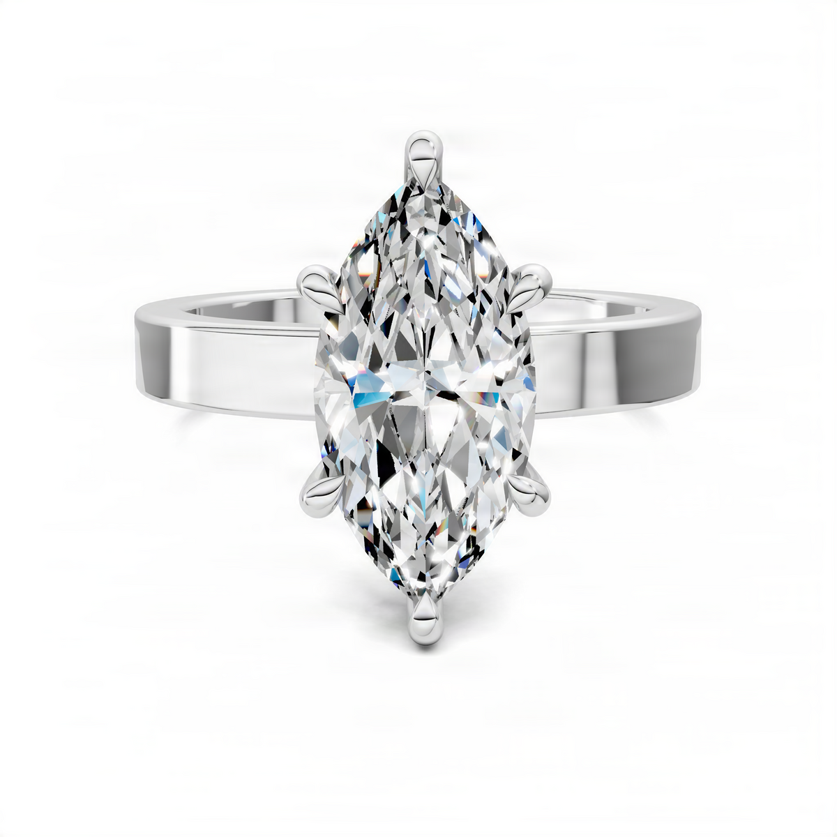 White metal marquise solitaire ring with large oval diamond and four-prong setting