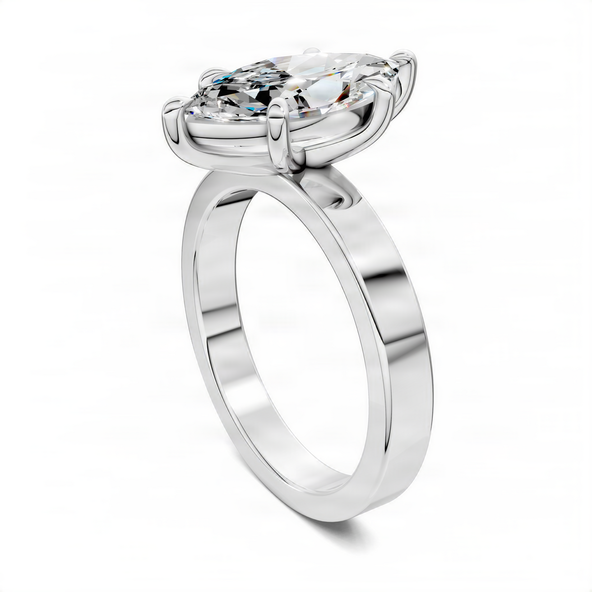 Silver-tone marquise solitaire ring with bezel-set center stone and twisted halo