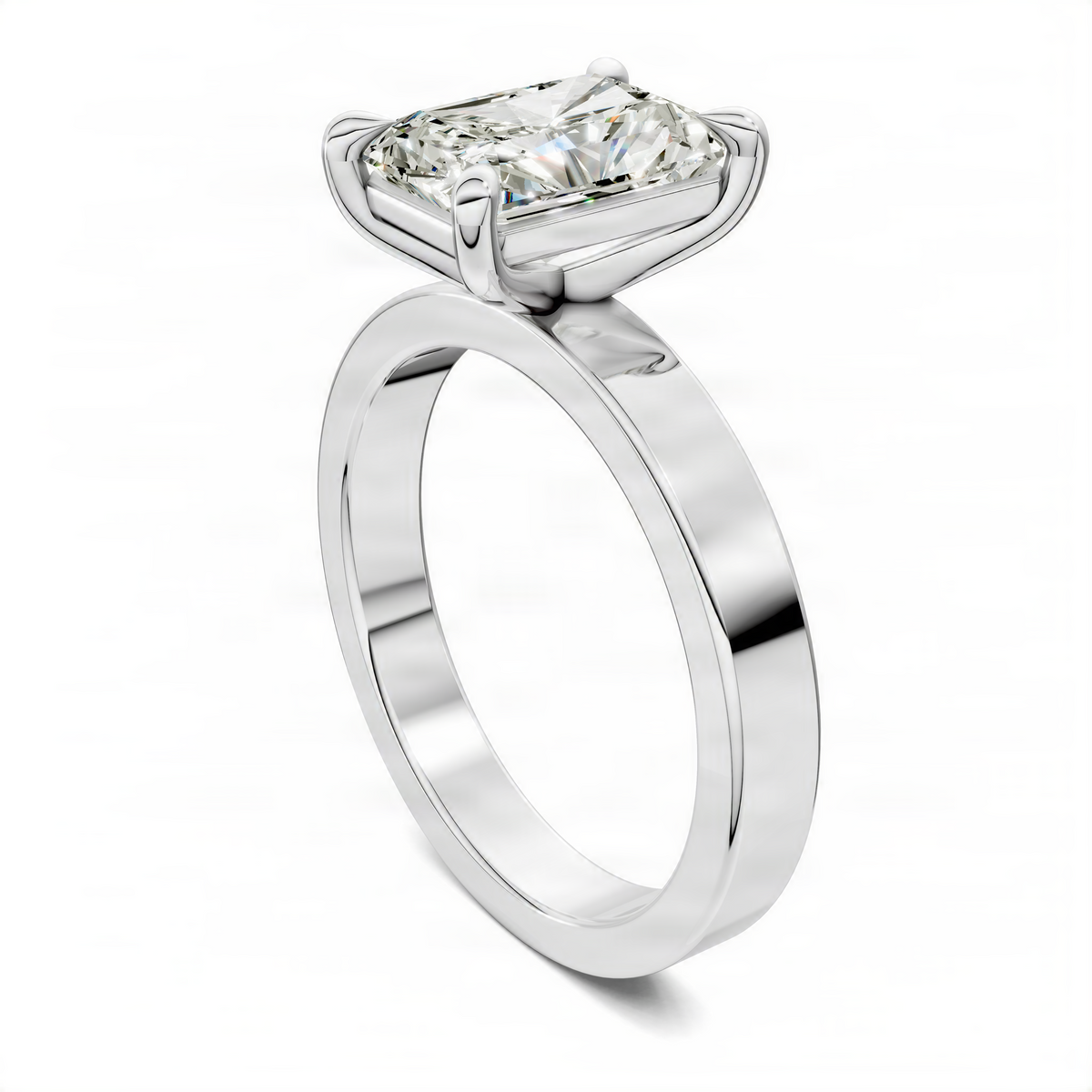 Platinum-tone solitaire diamond ring with square-cut center stone and four prongs