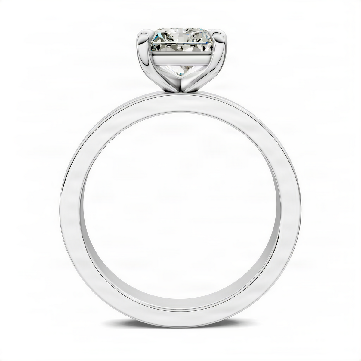 Platinum-tone solitaire diamond ring with square-cut center stone and wide polished band