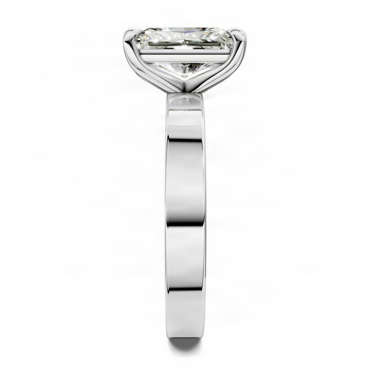Silver-tone solitaire diamond ring with horizontal prongs and polished band