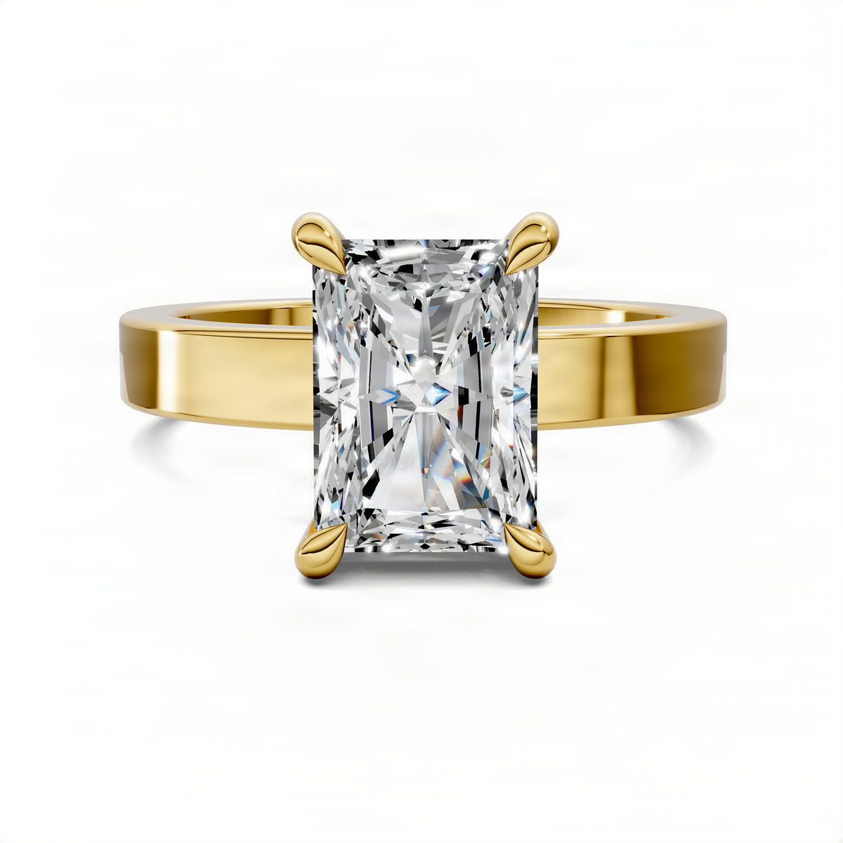 Yellow gold solitaire diamond ring with square-cut center stone and four prongs