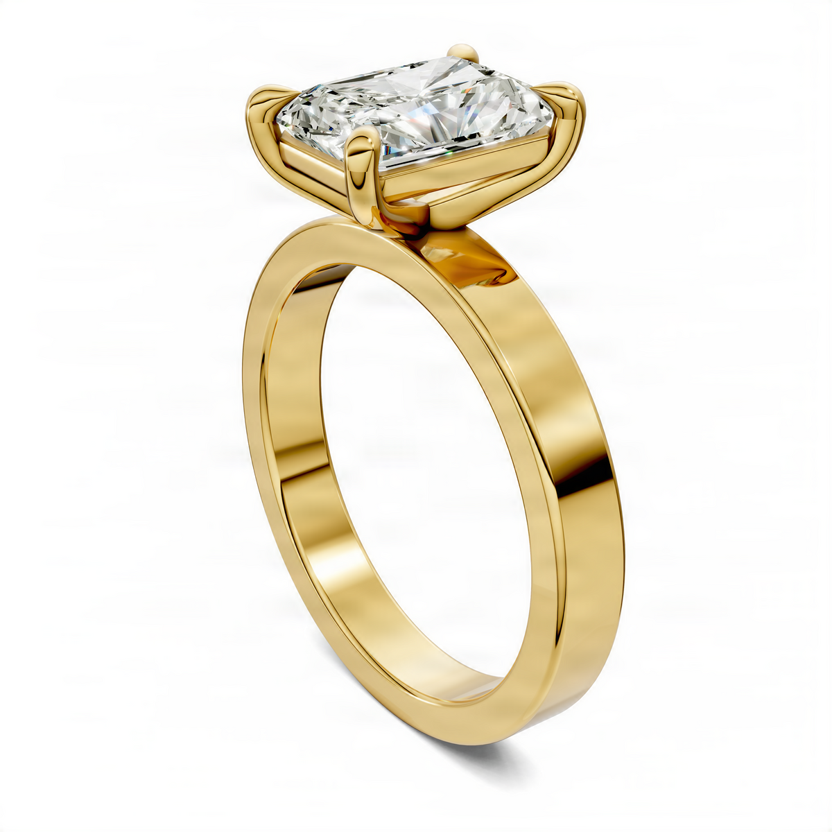 Yellow gold solitaire diamond ring with square-cut center stone in raised claw setting