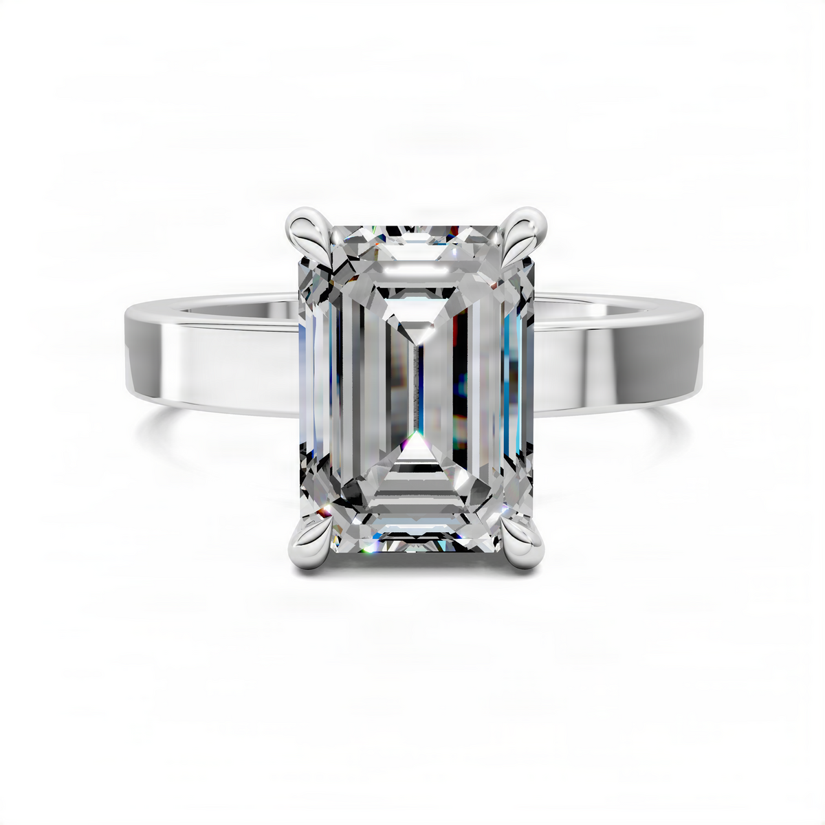 Platinum solitaire engagement ring with emerald-cut clear center stone and four prongs
