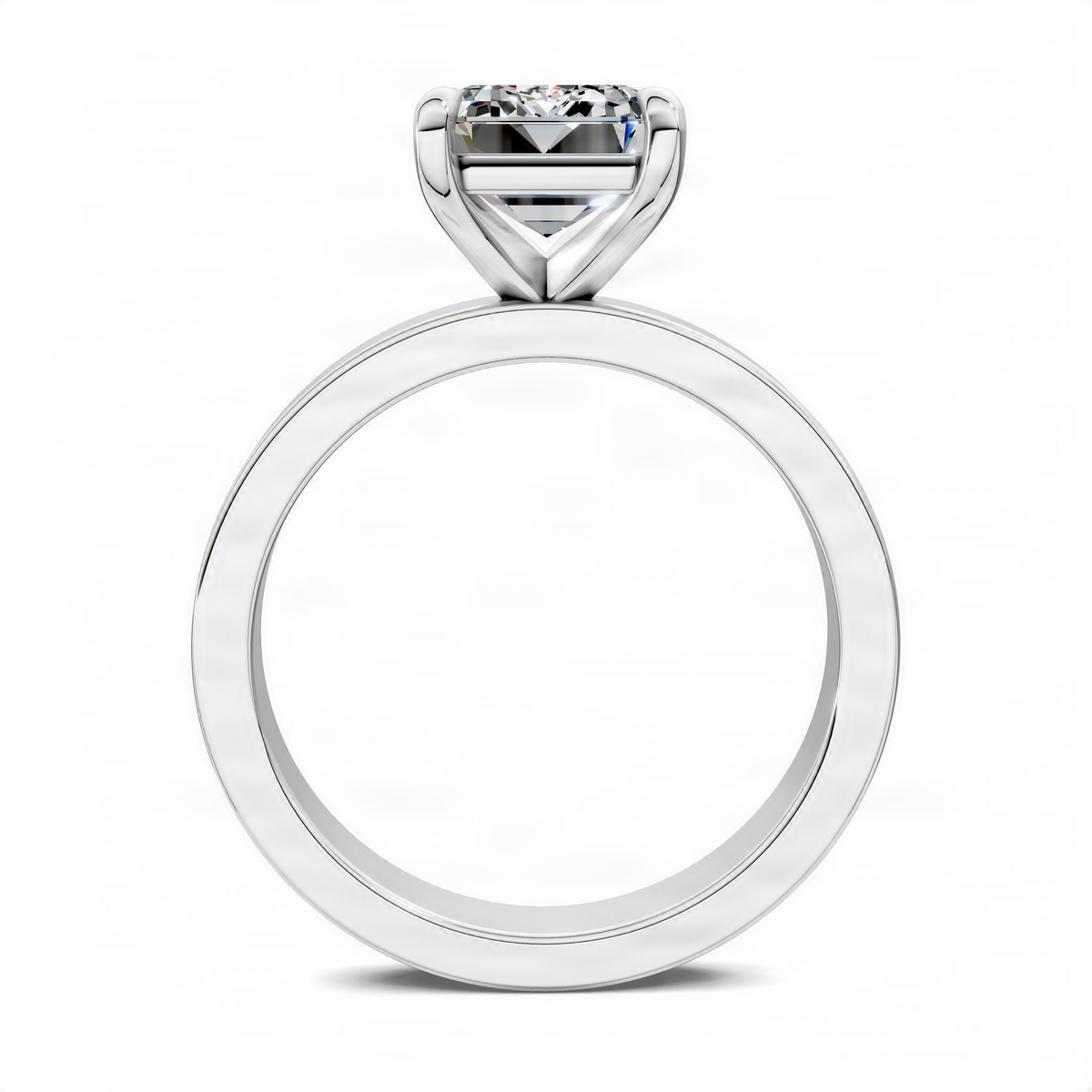 Platinum solitaire engagement ring, front view, emerald-cut clear center stone