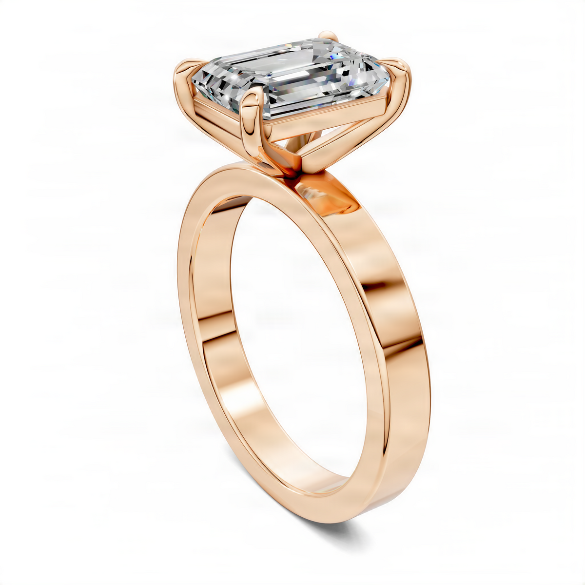 Rose gold solitaire engagement ring, side view, emerald-cut clear center stone