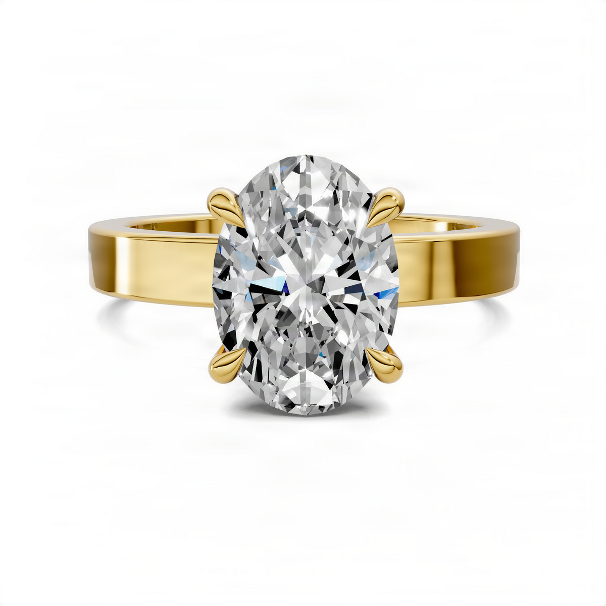 Yellow gold oval solitaire ring with large clear diamond center and four-prong setting