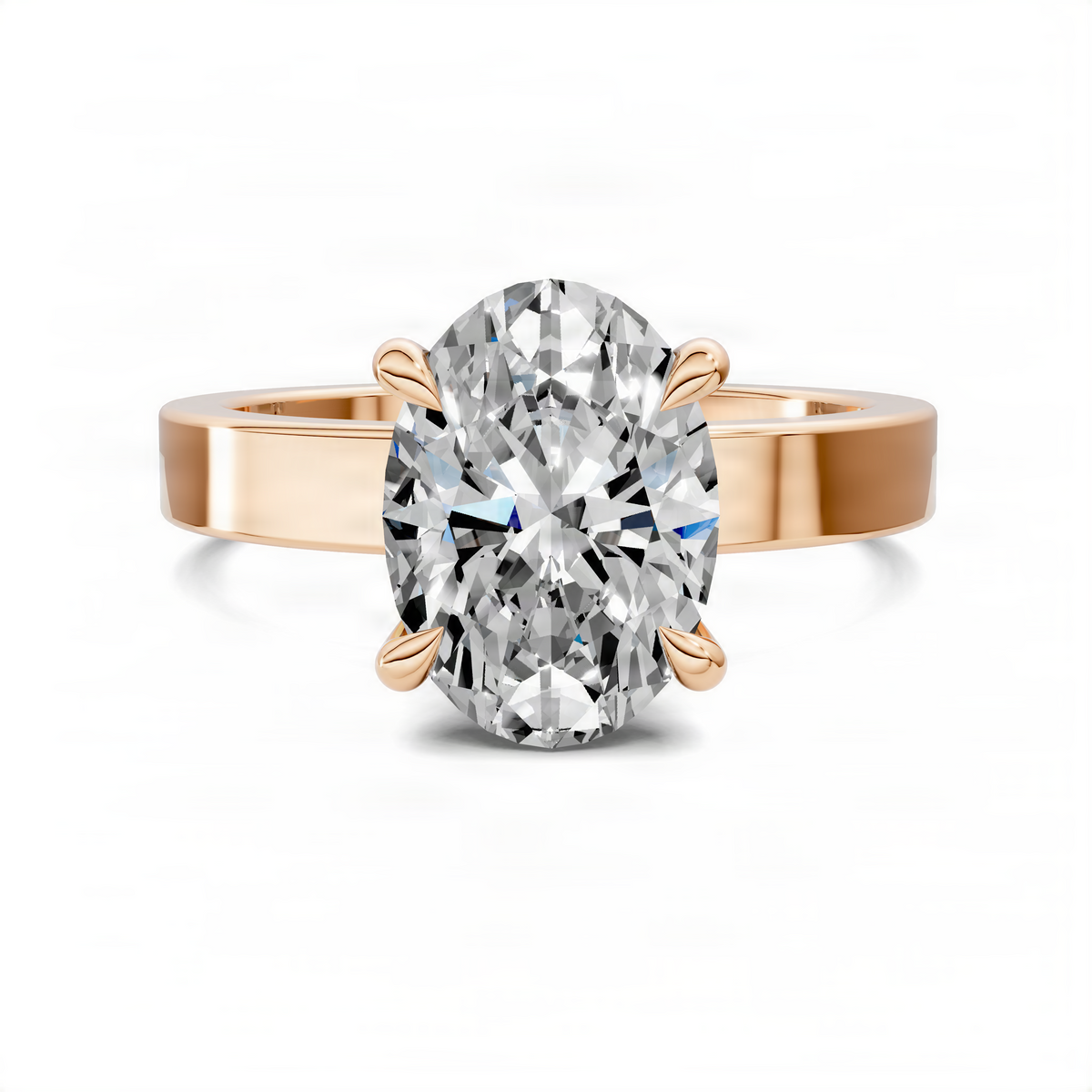 Rose gold oval solitaire ring with large clear center diamond and sculpted prongs