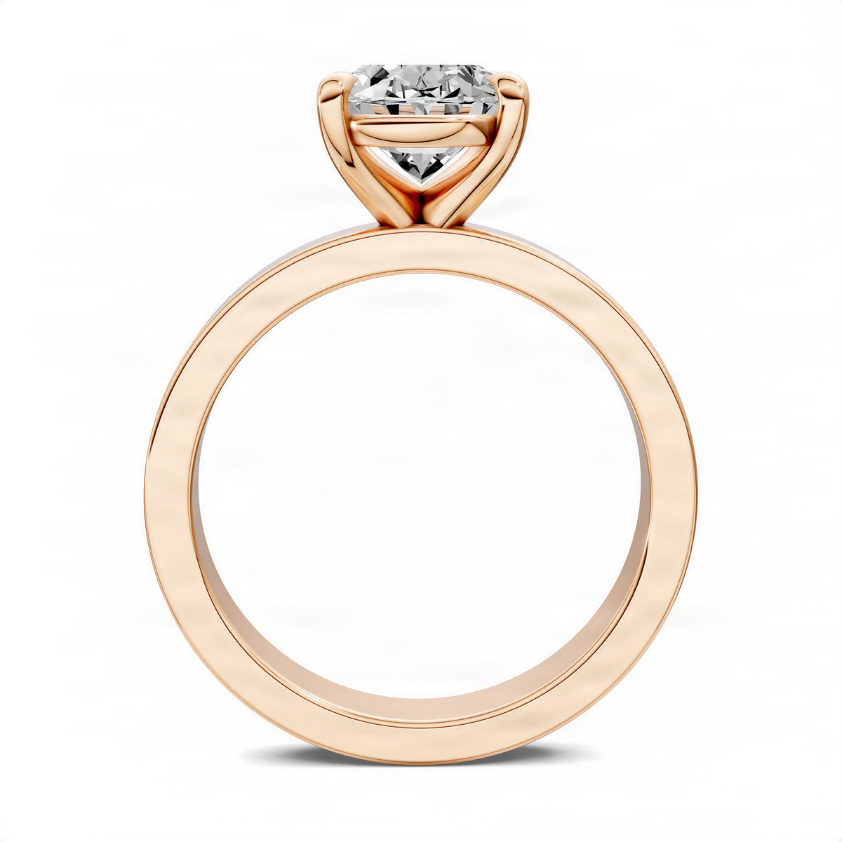Rose gold oval solitaire ring with clear diamond center and full round band view