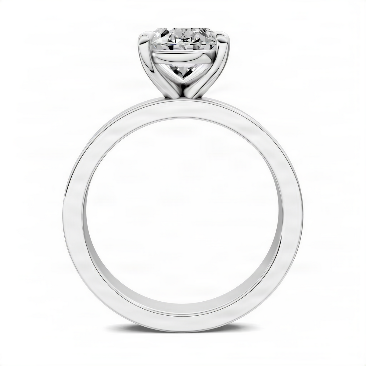 Platinum oval solitaire ring with clear diamond top and smooth circular band