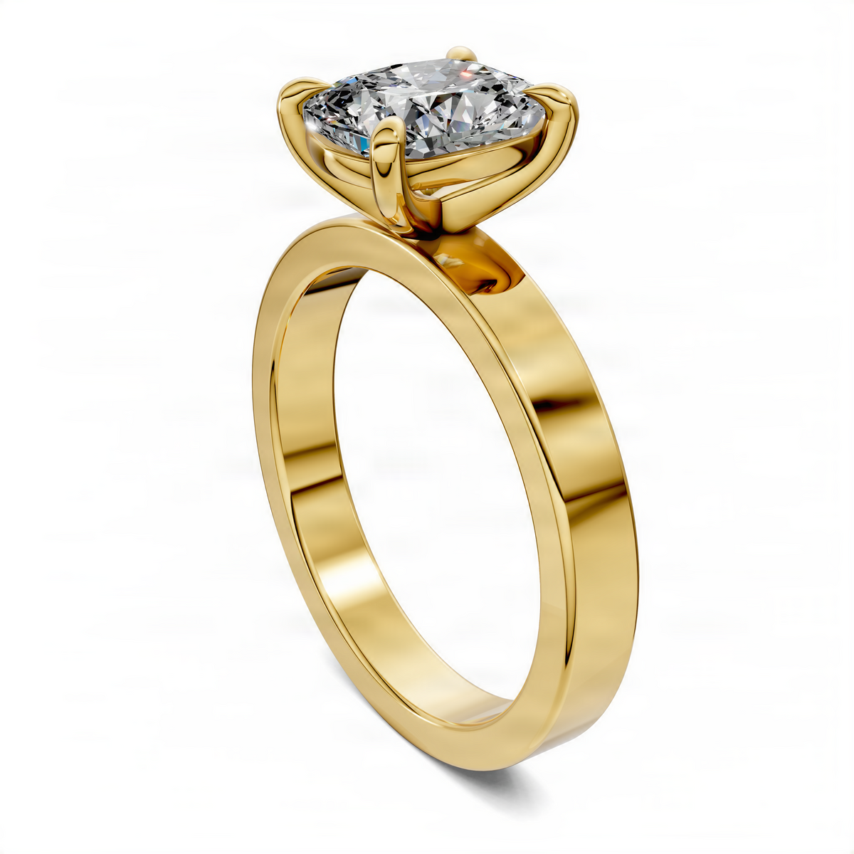 Yellow gold cushion-cut solitaire diamond ring angled view, four-prong head