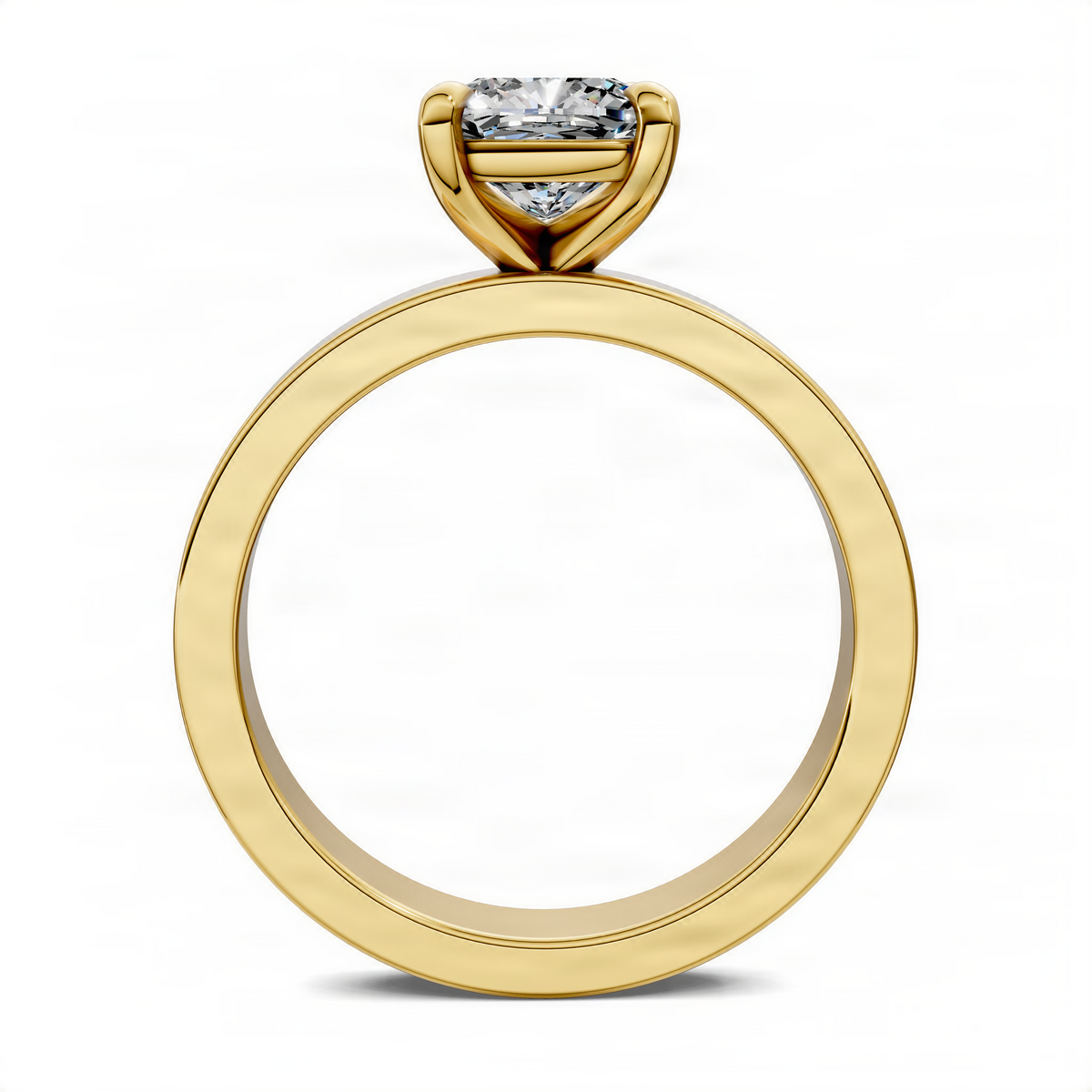 Yellow gold cushion-cut solitaire diamond ring with smooth round band, front