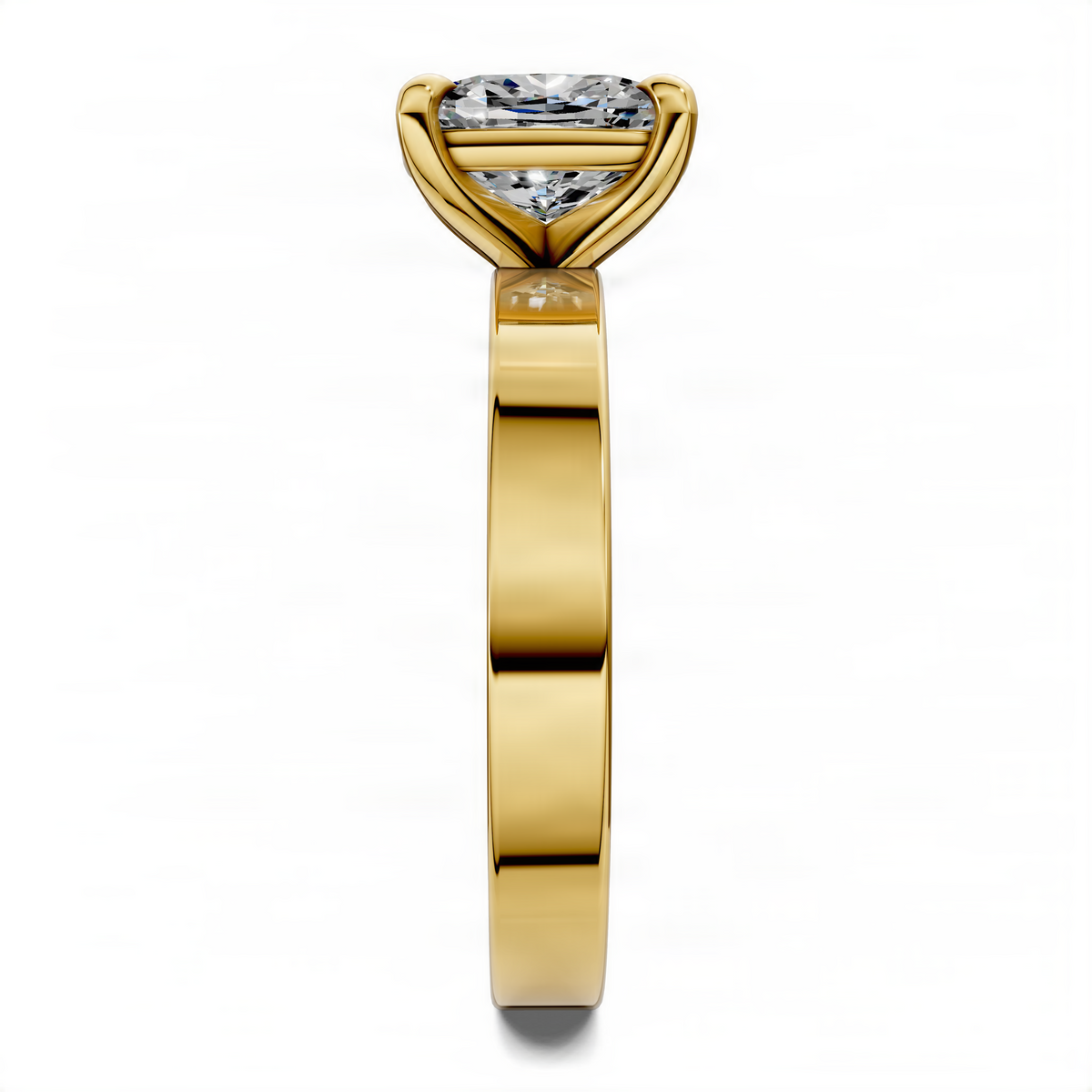 Yellow gold cushion-cut solitaire diamond ring with four-prong head and slim band