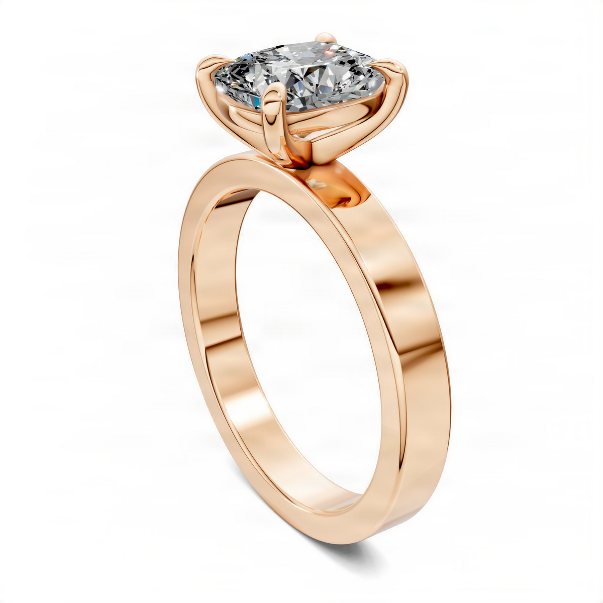Rose gold cushion solitaire ring side view with raised center stone and prongs