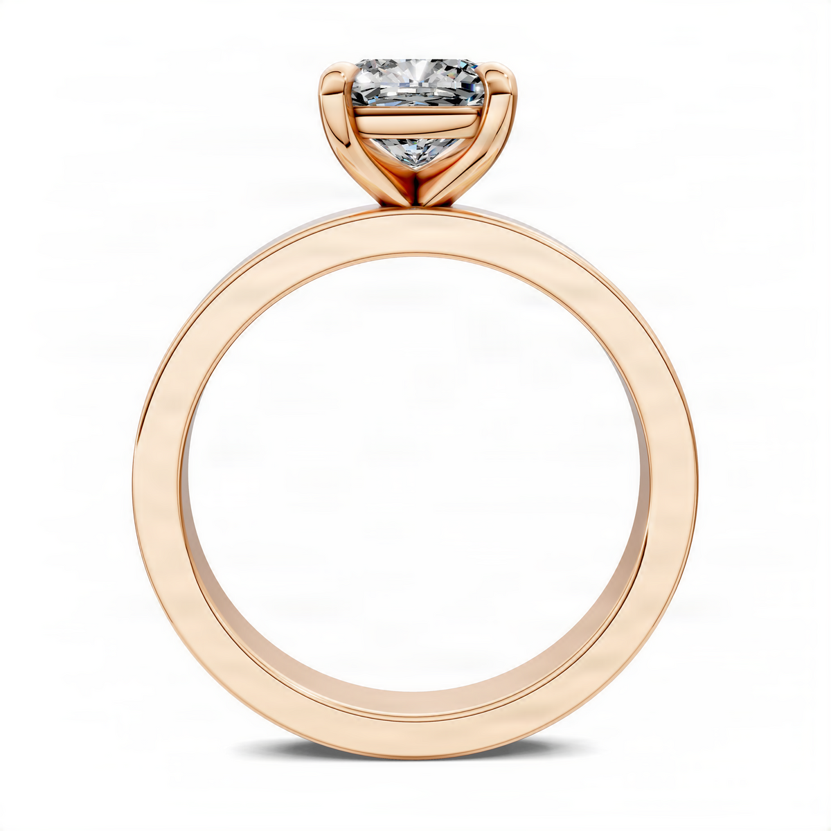 Rose gold cushion-cut solitaire diamond ring with smooth round band, front view
