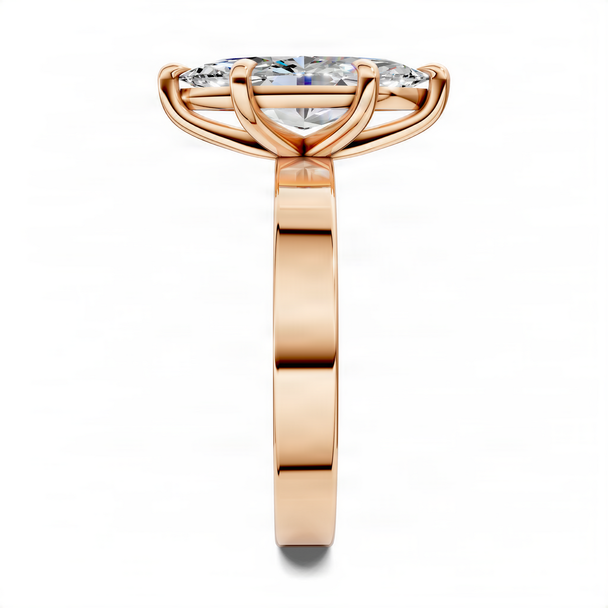 Rose gold solitaire ring with oval center stone in a four-prong basket setting