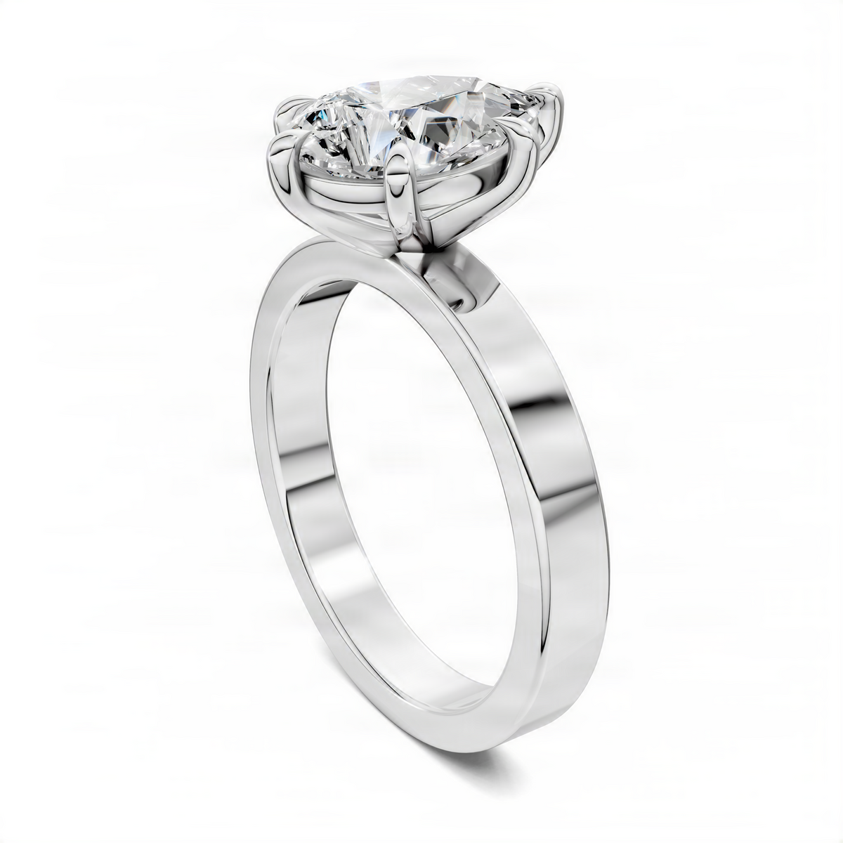 White gold solitaire ring with oval center diamond, angled side view