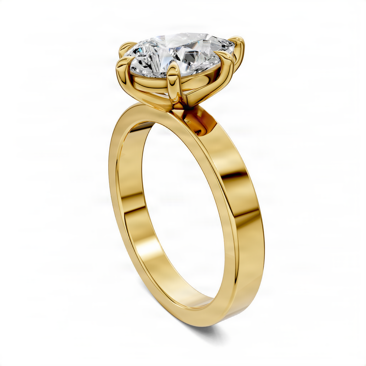 Yellow gold solitaire ring with oval center diamond, angled side view