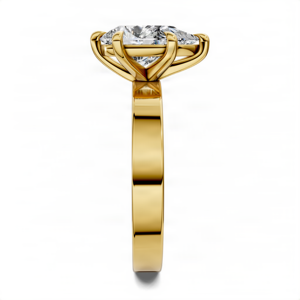 Yellow gold solitaire ring with oval center diamond, top prong detail