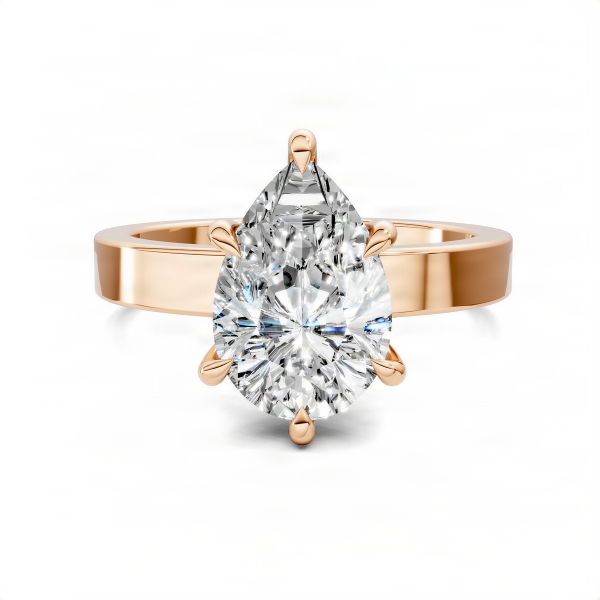 Rose gold solitaire ring with oval center diamond and four claw prongs