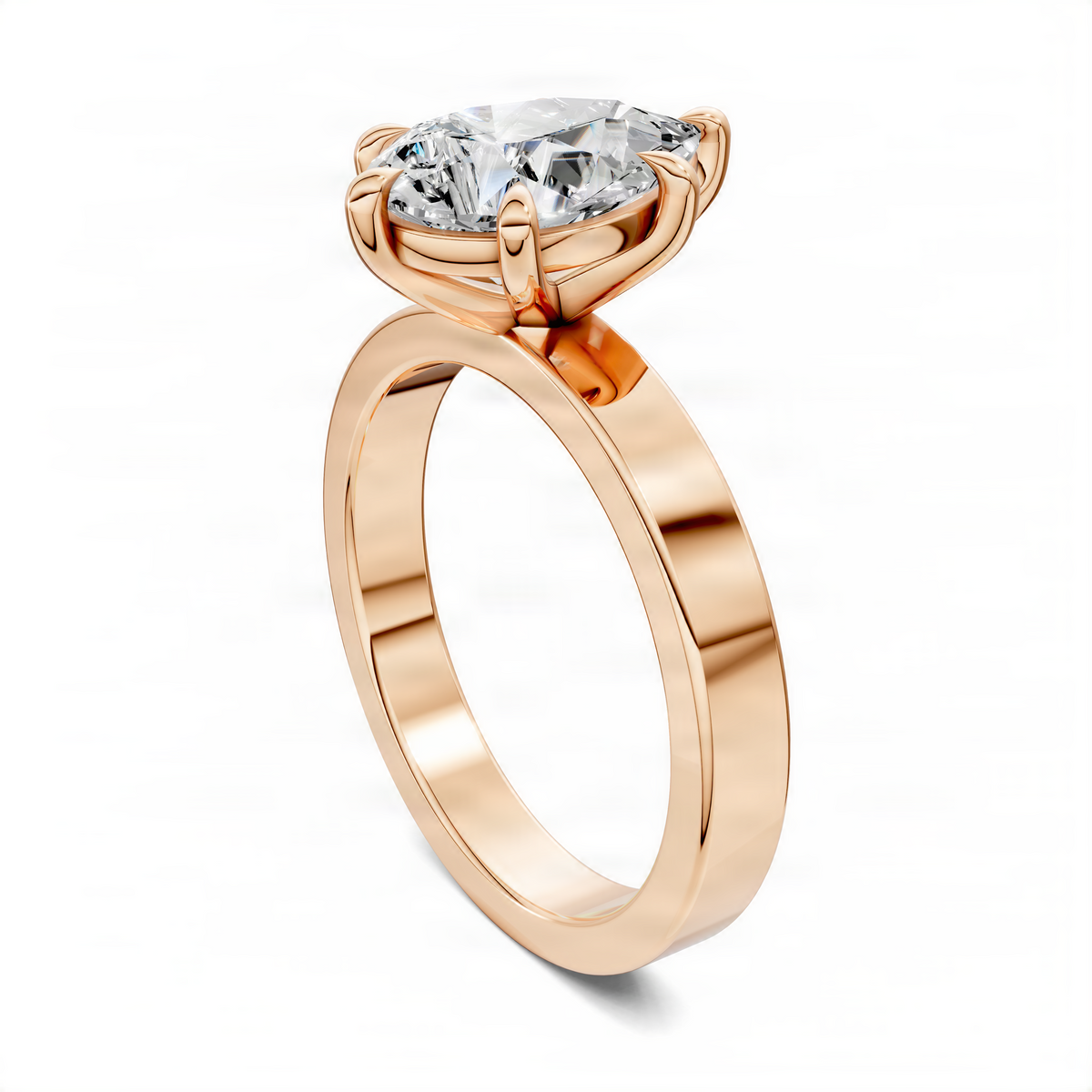 Rose gold solitaire ring with oval center diamond, angled side view