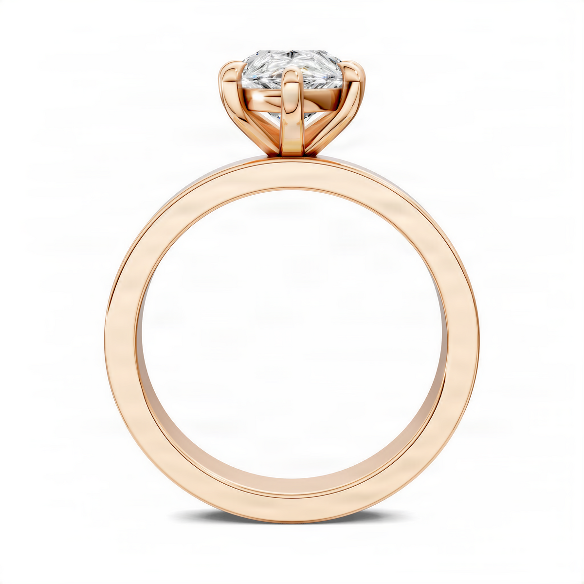 Rose gold solitaire ring with oval center diamond, front view