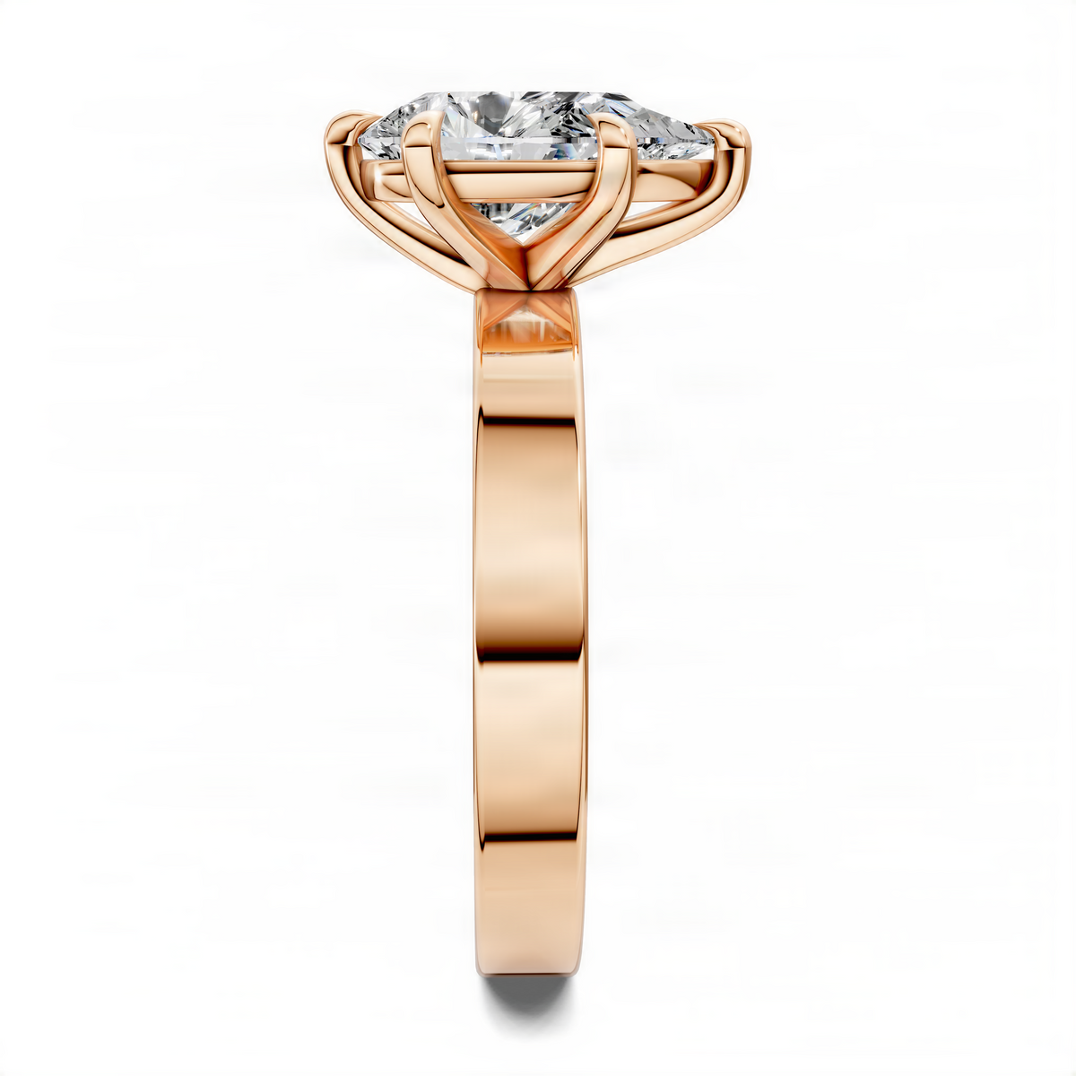 Rose gold solitaire ring with clear round center stone and sculpted prong setting